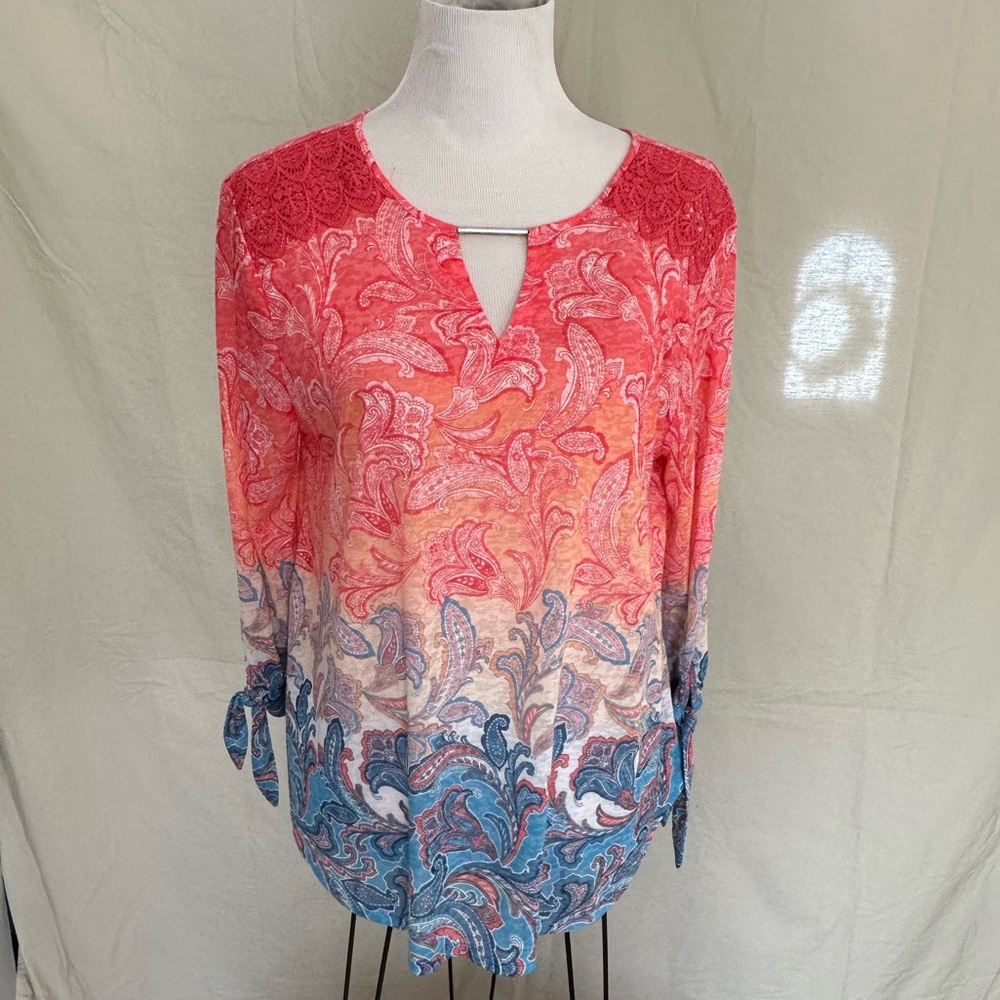 Ruby Rd. Ombre Paisley Keyhole Blouse floral lightweight pink orange blue large